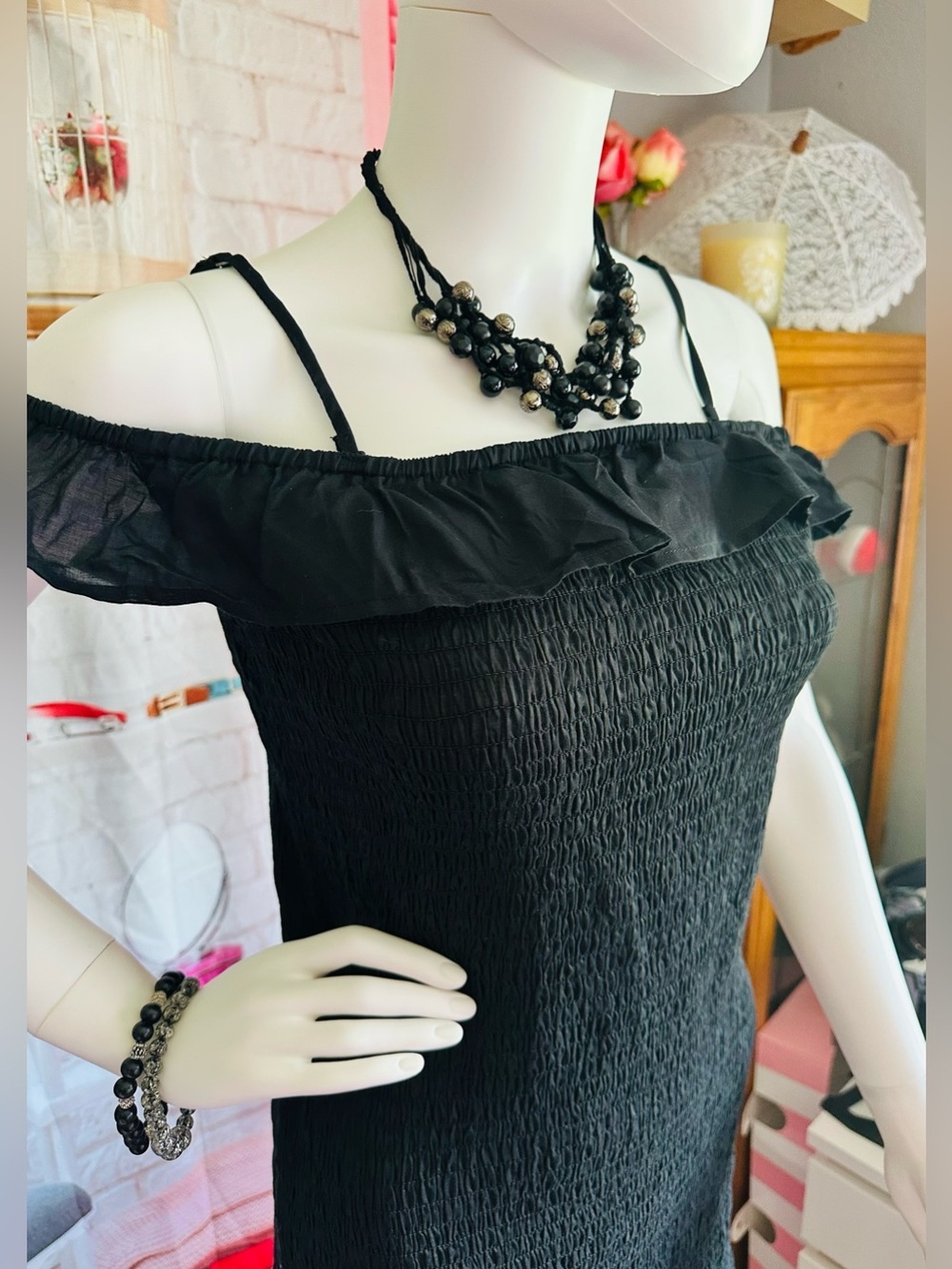 Anthropologie Black Smocked Ruffle Off-Shoulder Dress - Picture 13 of 15